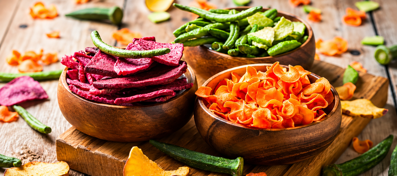 Colorful dehydrated vegetables arranged in wooden bowls.